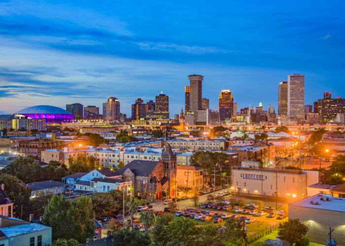 Skyline of New Orlean lit up at night