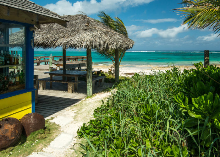 View of awnings on the beach in Eleuthera, Bahamas