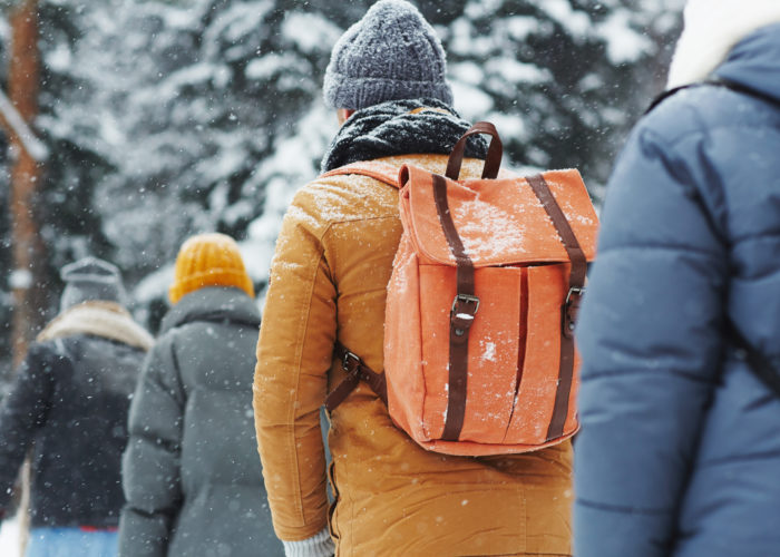 Group of four people hiking in the winter in a light snow