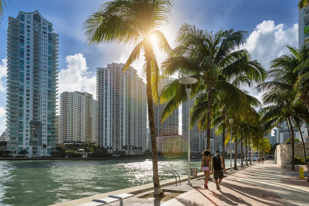 People strolling along the water in downtown Miami