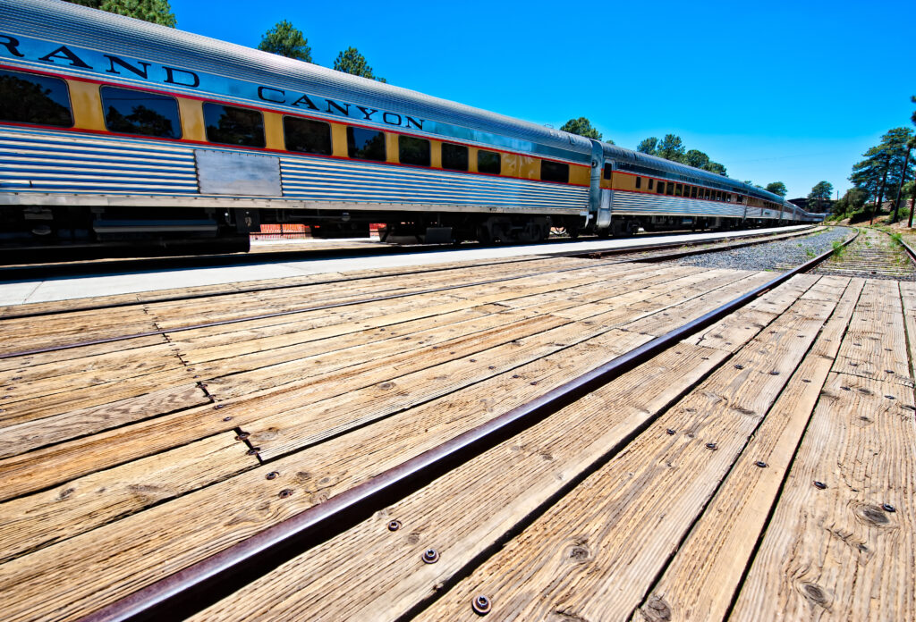 Grand Canyon railway passing by on train tracks