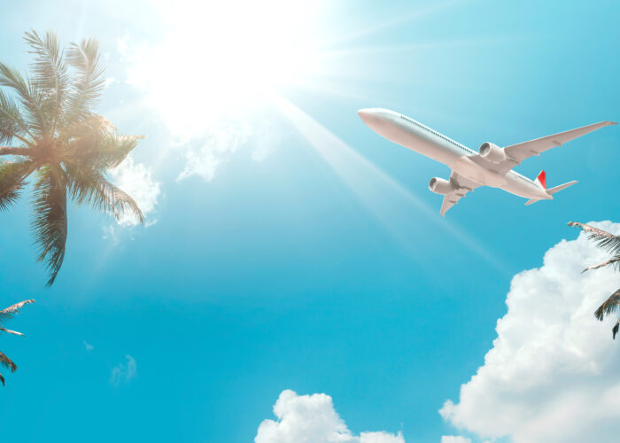 Airplane flying in sunny sky above palm trees