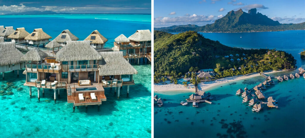 Various views of overwater bungalows at Conrad Bora Bora Nui