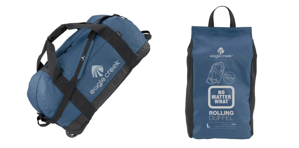 Two angles of the Eagle Creek Rolling No Matter What Duffel Bag in blue