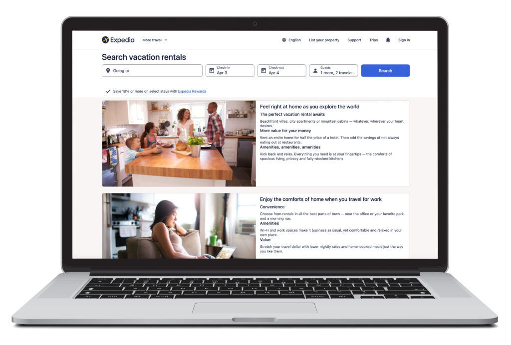 Digital rendering of a laptop showing the homepage of Expedia