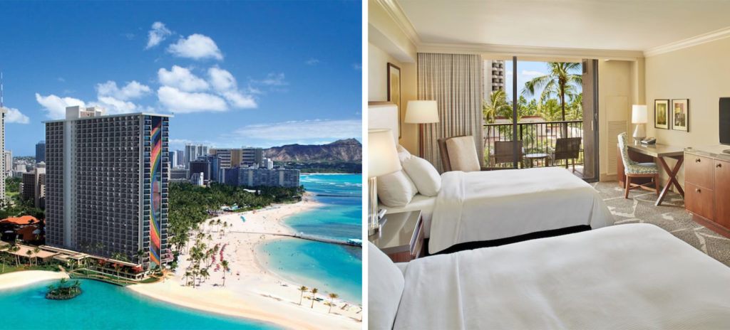 Aerial view of the exterior of Hilton Hawaiian Village Waikiki Beach Resort and surrounding beach and water (left) and two bed room with balcony overlooking palm trees (right)