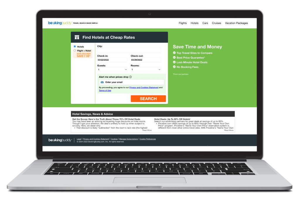 Open laptop showing home screen of BookingBuddy, a site where you can make hotel reservations
