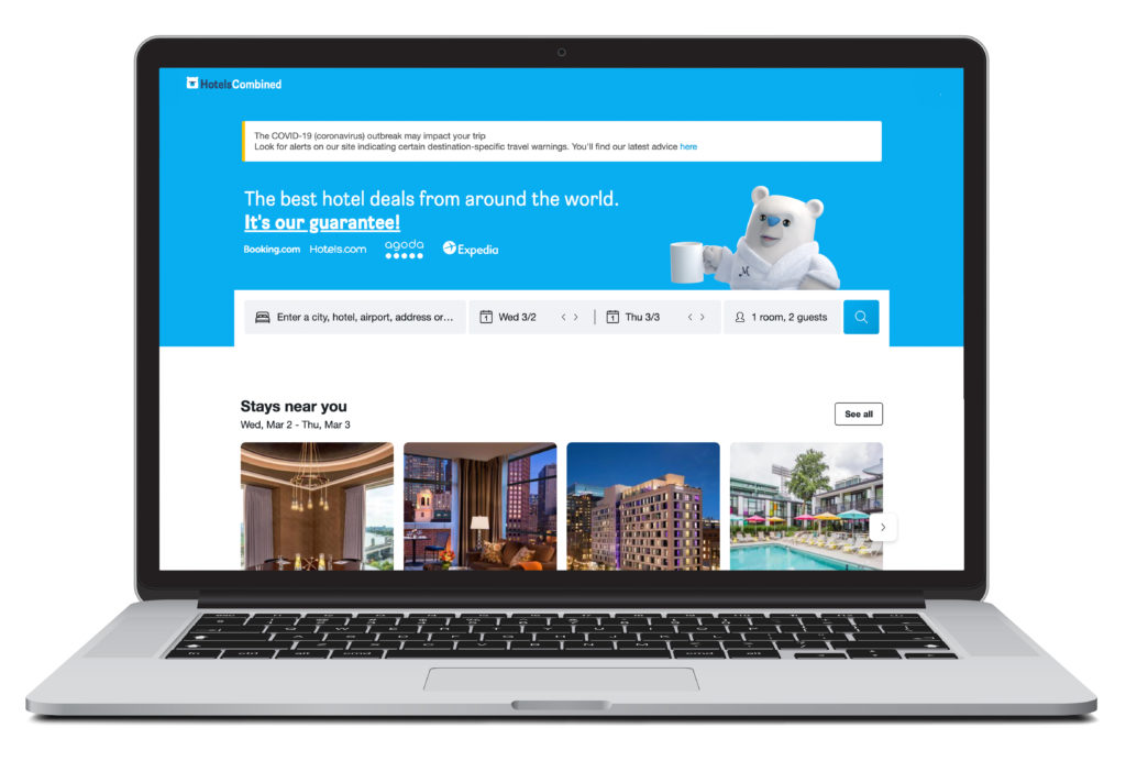 Open laptop showing home screen of HotelsCombined, a site that takes hotel bookings