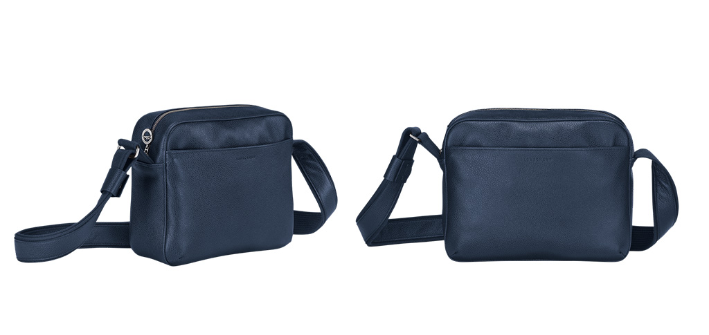 Le Foulonné Leather Camera Crossbody Bag in navy blue