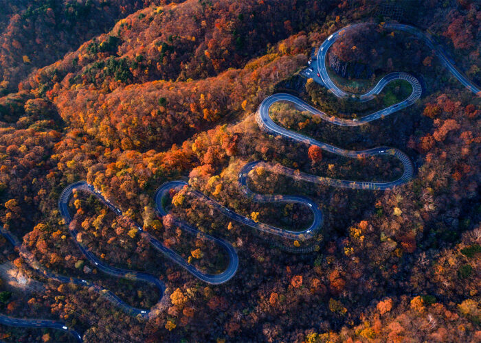 Irohazaka Winding Road in Nikko, Japan, fall foliage.