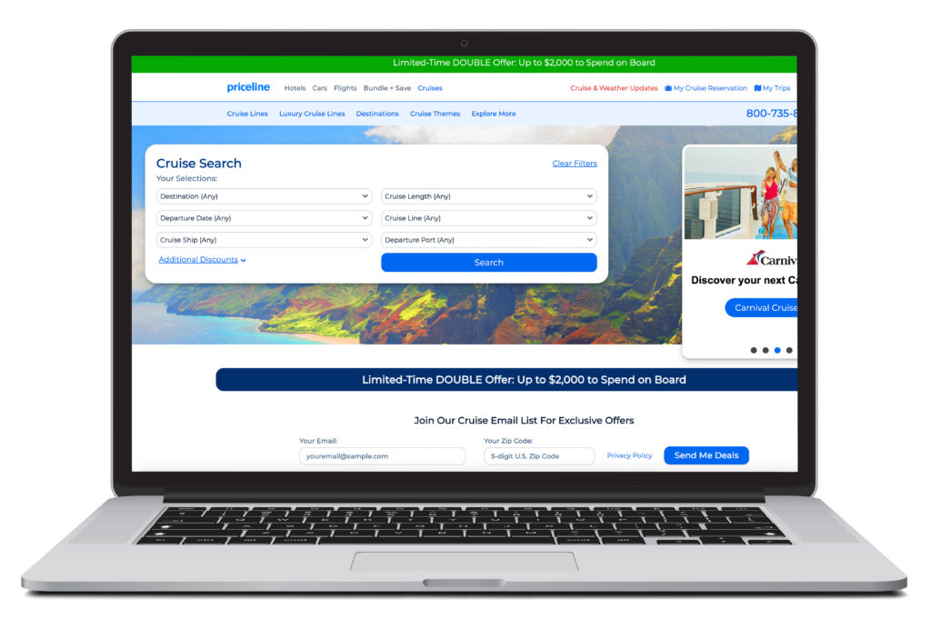Laptop showing the cruise search homepage of Priceline