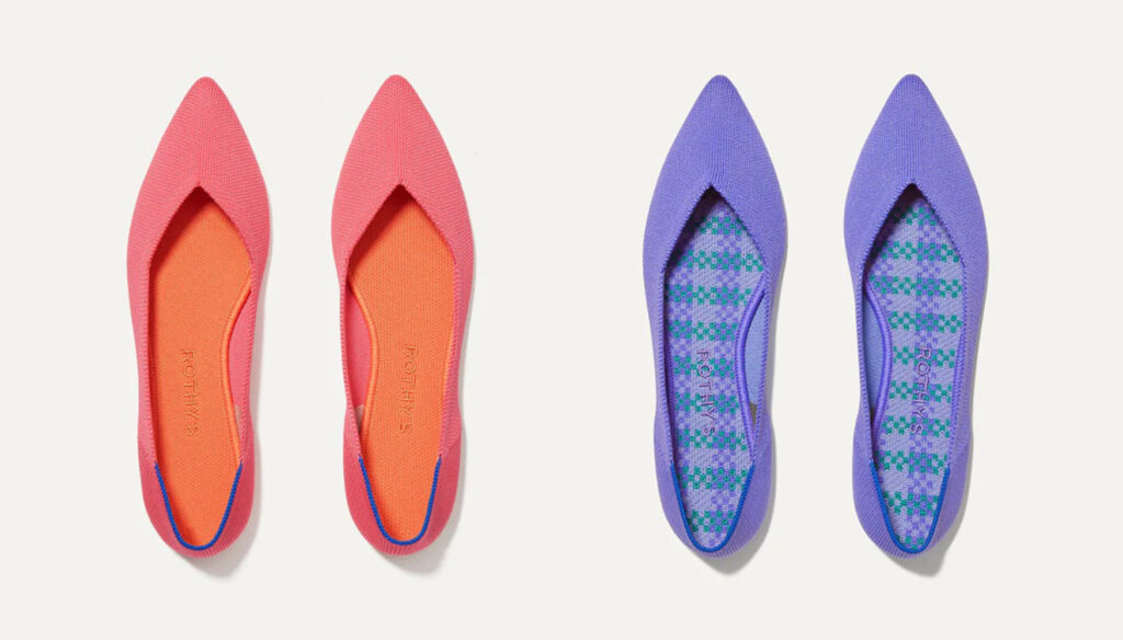 Rothy's The Point shoes in pink and purple, one of the best comfortable packable travel shoes