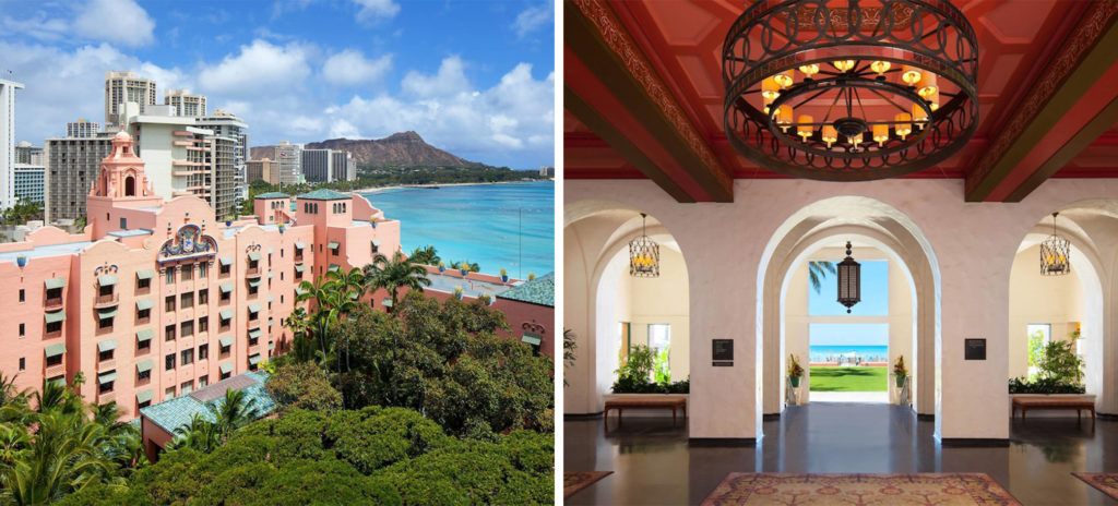 Aerial view of the exterior view of The Royal Hawaiian, A Luxury Collection Resort (left) and interior open air lobby area (right)