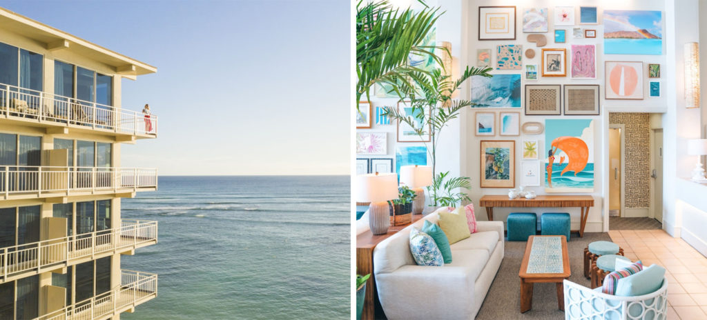 Woman standing on top floor balcony overlooking ocean at The New Otani Kaimana Beach Hotel (left) and colorful interior sitting area (right)