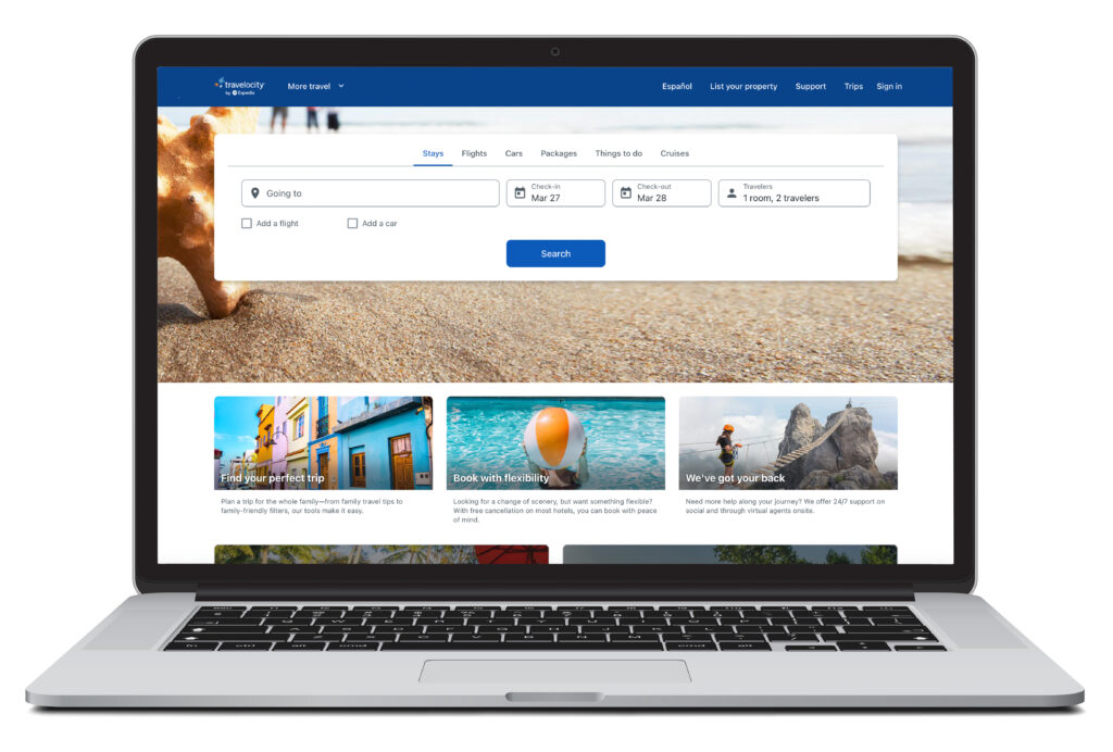 Open laptop showing flight search homescreen for Travelocity