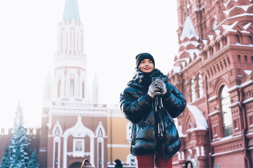 woman in oversized coat in winter.